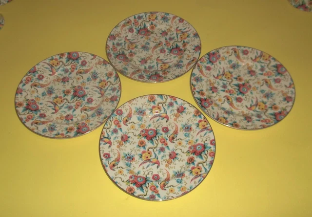 Vintage Chintz 4-Pc. Royal Winton Exotic Birds Salad Dessert Plate Set Grimwades