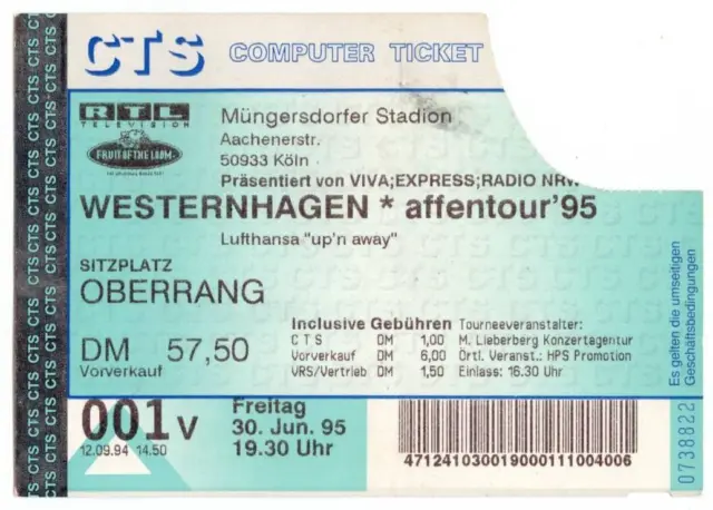 Westernhagen - affentour `95  - Altes Konzert-Ticket Köln vom 30.06.1995 s.Bild