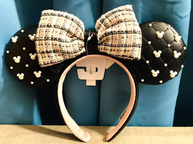 Disney Parks Minnie Mouse Black Faux Leather Pearls Tweed Pink Bow Ears NEW