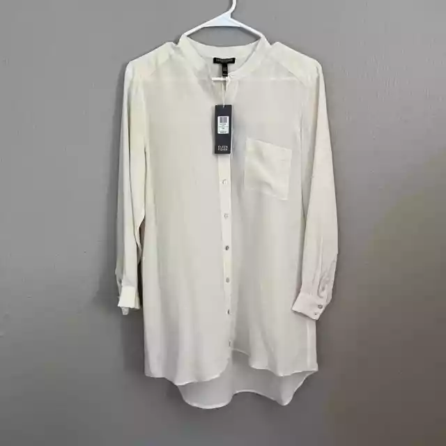 NWT EILEEN FISHER Mandarin Collar Long Sleeve Blouse 100% Silk Size PM