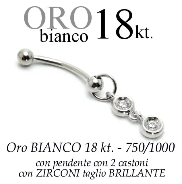 Piercing Ombligo Vientre Oro Blanco 18kt.pendente 2 Circonitas Talla Brillante