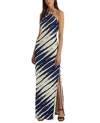 Lauren Ralph Lauren Women's Print Jersey Halter Gown (16, Cream/Blue)