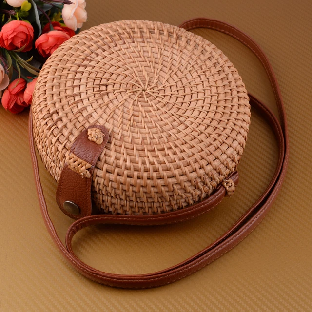 Bohemia Boho Rattan Straw Beach Bag Hand Woven Round Crossbody Purse Handbag e