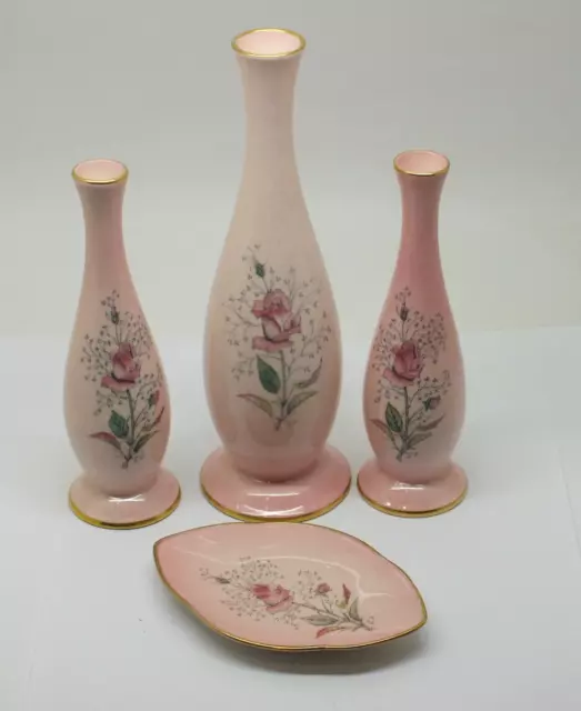 Art deco Carlton Ware Pink rose vases set 3 x bud vases & trinket dish  job lot