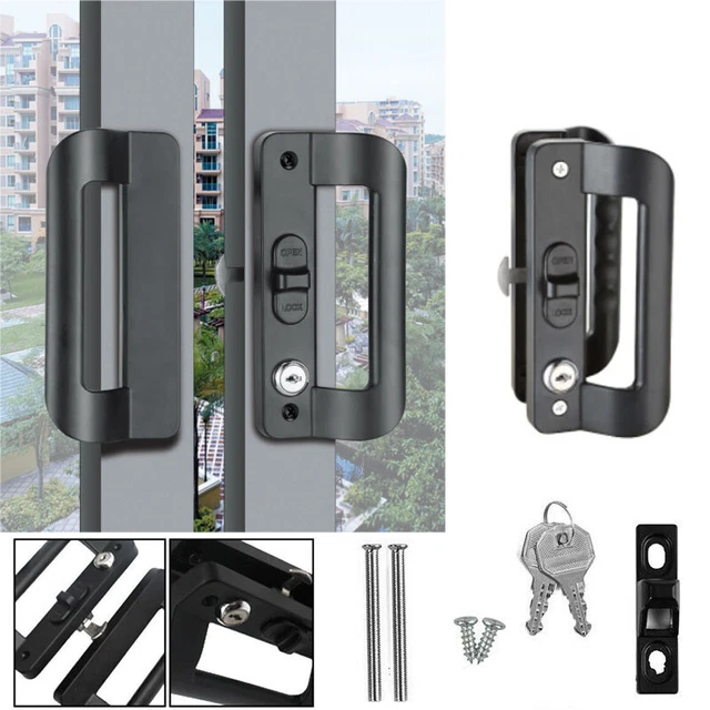 Sliding Glass Patio Door Locks Aluminum Alloy Double Pull Handle Locker + Key