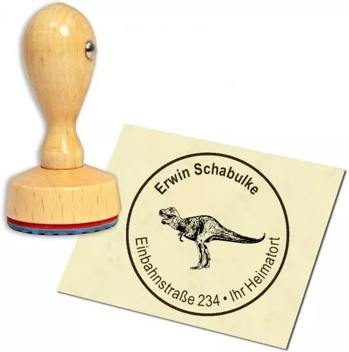 Stempel Adressstempel Holzstempel - Dinosaurier T-Rex - rund 40mm