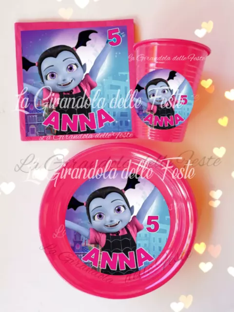 KIT 24pz PIATTI BICCHIERI VAMPIRINA YOYO NOME Festa Party Tavola ADDOBBI bambina