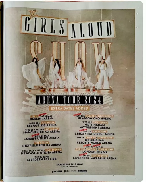 Girls Aloud Cheryl Cole Arena Tour Dates Ad 2024 Newspaper Advert Poster 14x11”