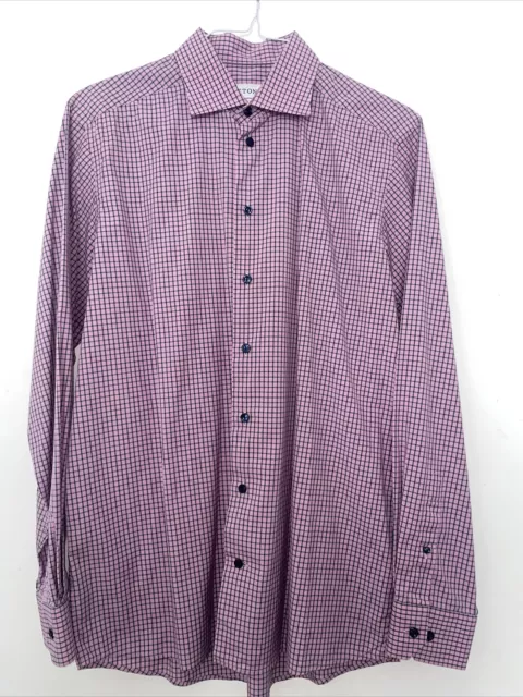 Camicia da uomo Eaton rosa e blu cotone abbottonato grande ottime condizioni