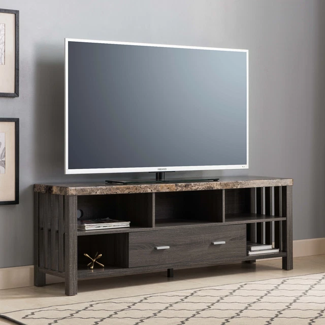 Faux Marble Yellow & Distressed Grey TV Stand with 5 Shelves and Bottom Drawer