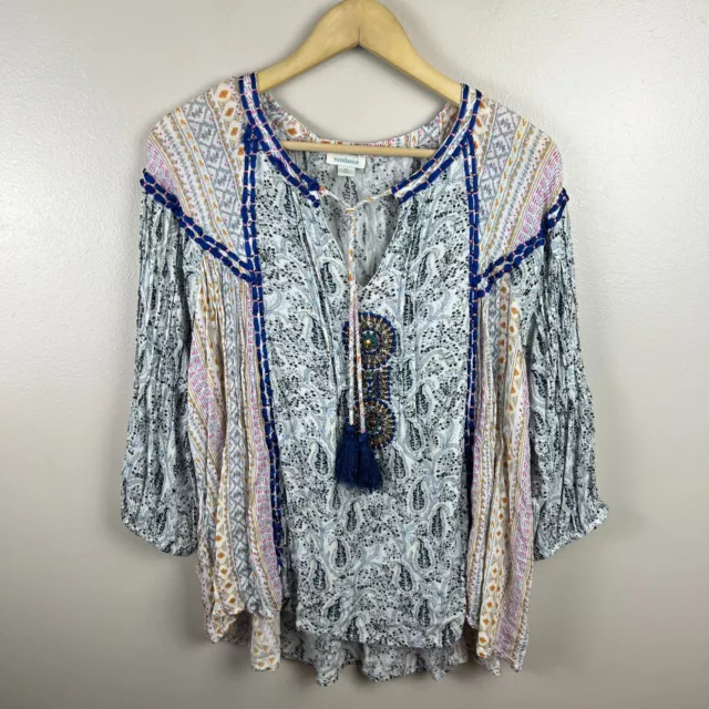 Top Sundance Wandress Talla XL Bordado Medallón Boho Campesino Azul Cuentas