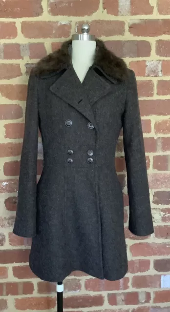 Cue Ladies 8 Earthy Brown Long Sleeve Slim Blazer Jacket Wool Blend Fur Coat