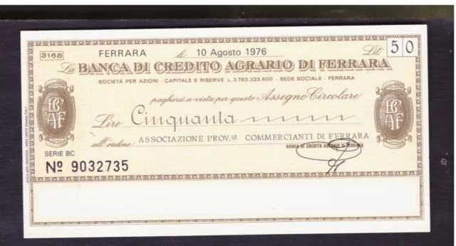 Miniassegno Banca Credito Agrario di Ferrara Ass. Commercianti 50 L 10-8-1976