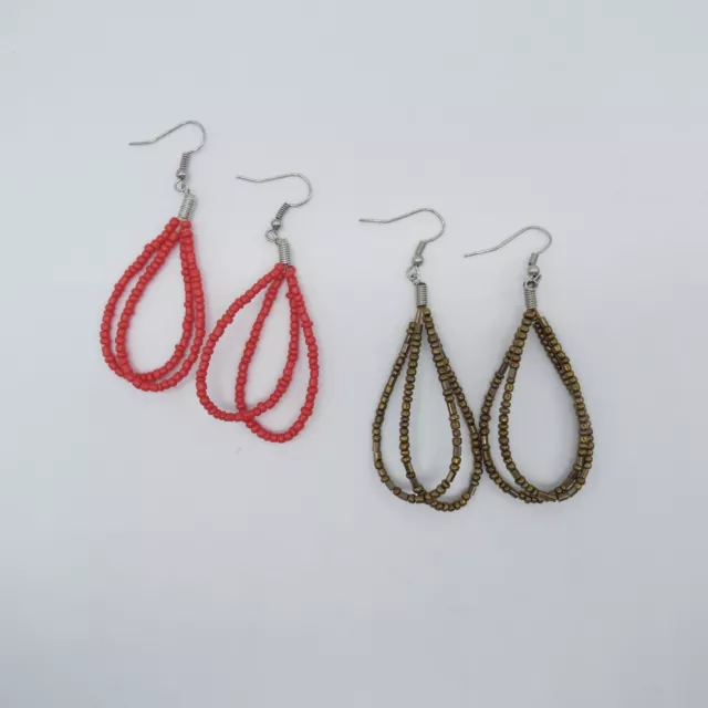 2Pc Beaded Hoop Dangle Earrings 2.9" Brown Red Teardrop Boho Ethnic