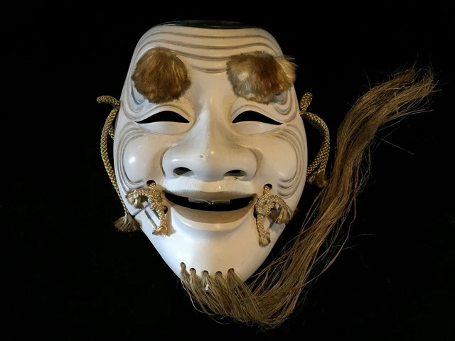 K0124 Japanese Pottery Mask Vintage Old Man Face Beard Wall Hanging Interior