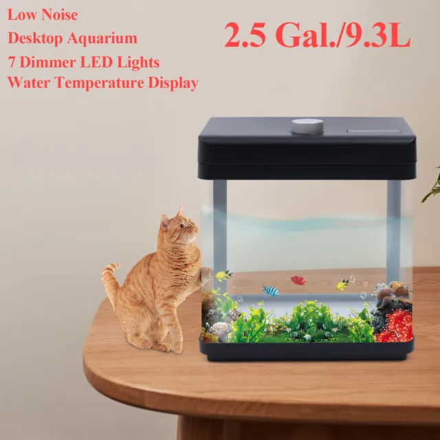 2.5 Gal Rectangular Aquarium Kit Fish Tank Energy-saving +7 Dimmer LED Lights