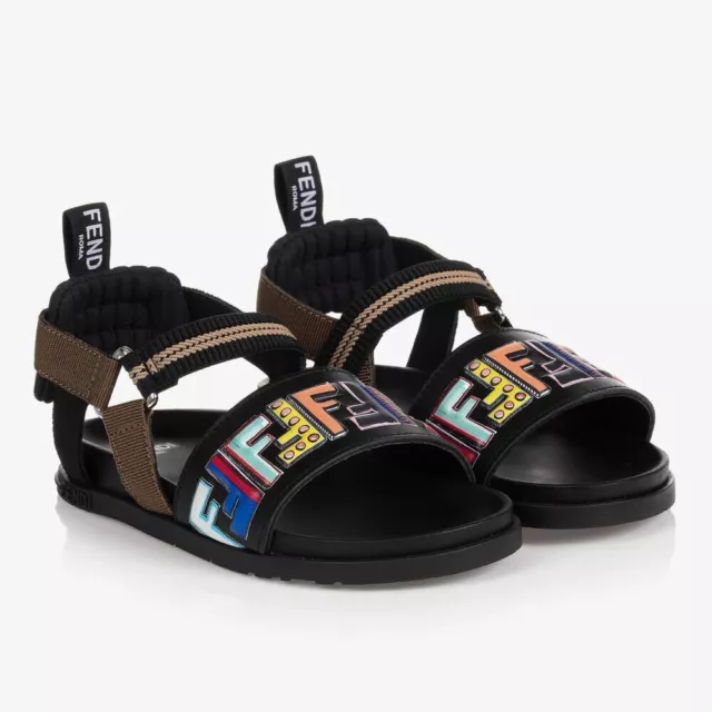Fendi Kids Leather And Fabric FF Logo Sandals in Black Size 32 RRP£410