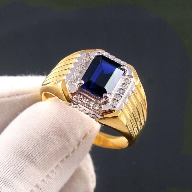 3.4CT Lab Created Blue Sapphire Mens Halo Engagement Ring 14k Yellow Gold Plated