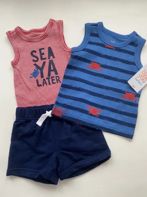 Baby Boy 3M Just One You Carter’s 3 Piece Outfit Blue Red Shirt Shorts Set New