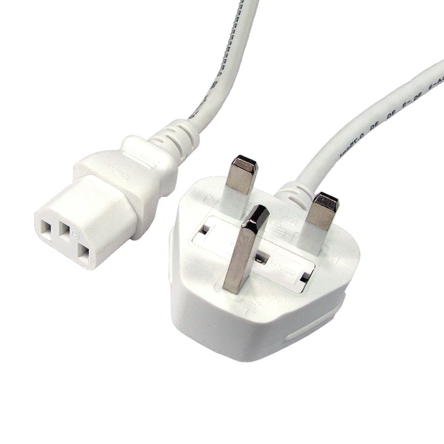 1.8m Mains Power Cable Kettle PC Monitor Lead UK Plug Cord IEC C13 3 Pin White
