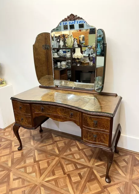 Stunning Art Deco Burr Walnut Dressing Table With Triple Mirror Elegant Design