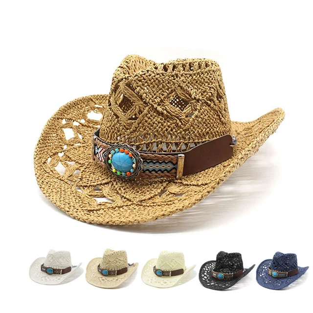 Men Unisex Straw Cowboy Hat Western Wide Birm Summer Hollow Out Cap W/Turquoise