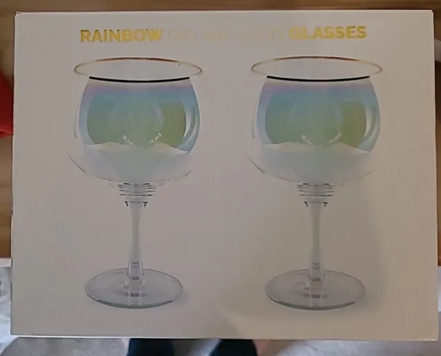 Root7 Rainbow & Gold Rim, 750 ml Gin Balloon Glasses Set of 2. BNWT