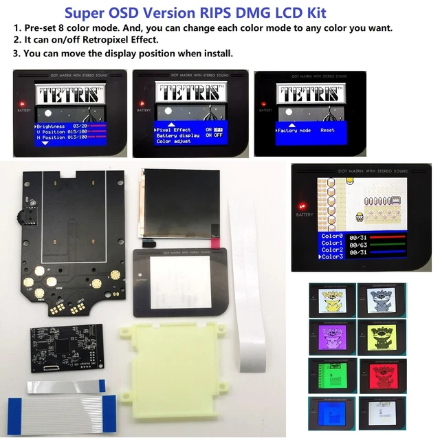 Console Rips Q5 PRE-CUT SUPER OSD Version RIPS Backlight LCD Kit For Game Boy DMG GB ...
