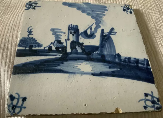 Antique Dutch Delft Blue and White Tile Depicting Church and Other Images