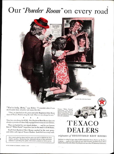 RARE 1939 TEXACO Print Advertisement - Our "Powder Room" on every road nostalgic