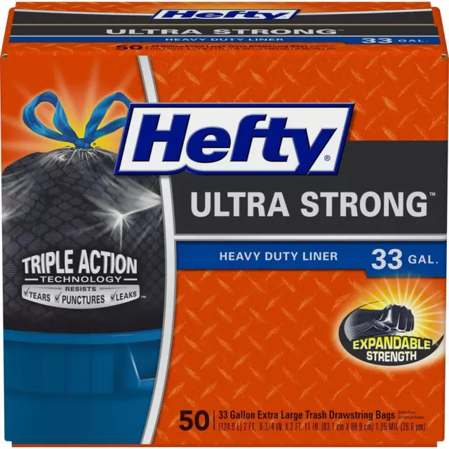 Hefty Ultra Strong Heavy Duty Liner Draw String Trash Bags 33 Gallon 50 ct