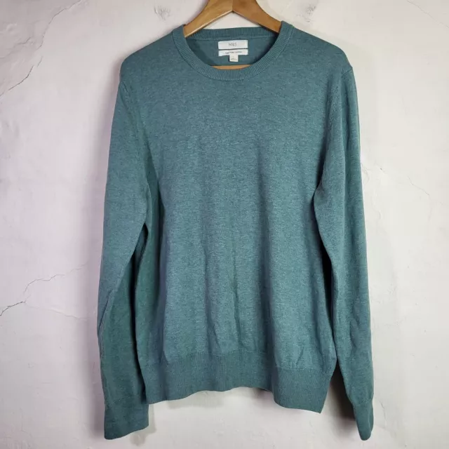 Marks Spencer Mens Large Jumper Thin Knit Crew Neck Green Cotton Long Sleeve