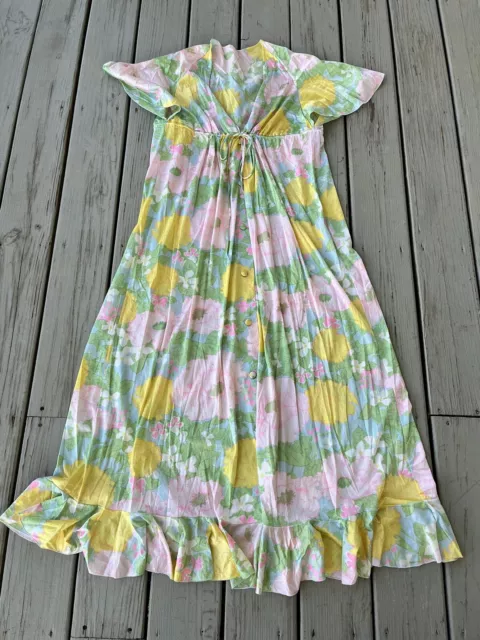 Vintage 60s vanity fair green pink yellow floral maxi nightgown 34 (L/M)
