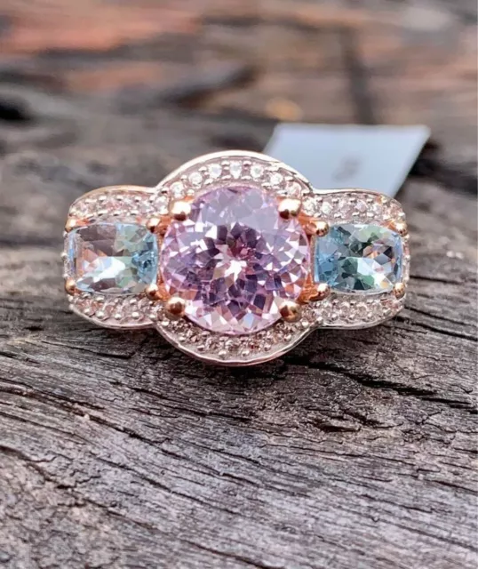 $3.690 - Solid 9K Rose Gold - 3.65 Ct- Genuine Pink Kunzite & Aquamarine Ring