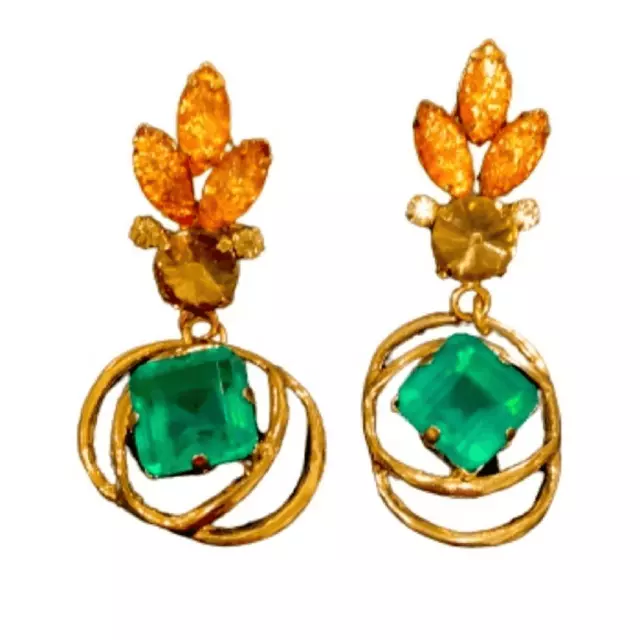 LULU FROST Althea Green Crystal & Gold Statement Earrings - Grecian Goddess Glam