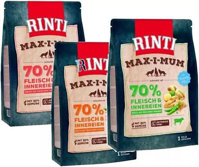 Rinti Max-i-mum, sin cereales con pollo, ternera, sartenes / 3x 1kg mezcla de alimento seco