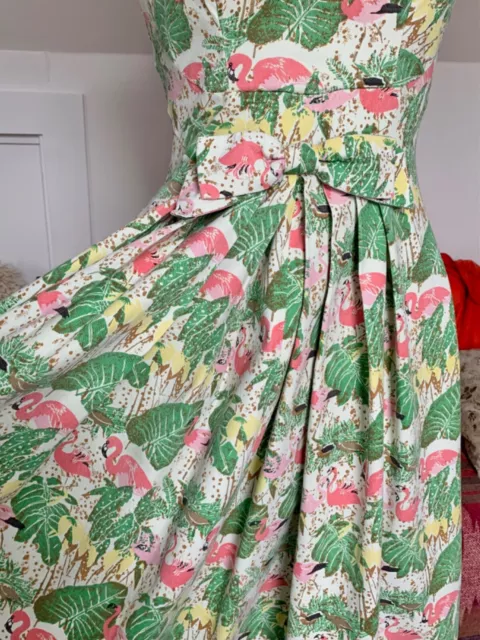 LOVELY EMILY & FIN 50s / VINTAGE STYLE FLAMINGO PRINT COTTON DRESS - EX COND S/8