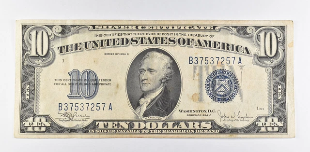 SILVER 1934-C $10 Silver Certificate Blue Seal United States Note $10 *490