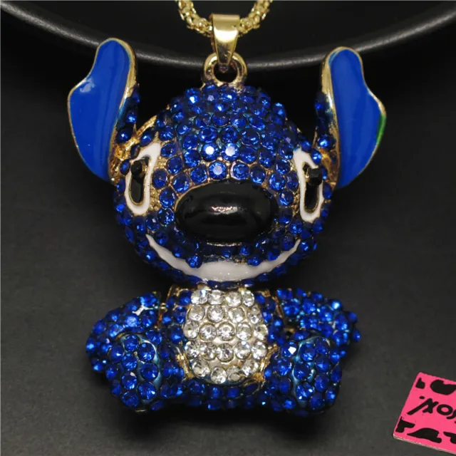 New Fashion Women Blue Big Ear Alien Animal Crystal Pendant Chain Necklace