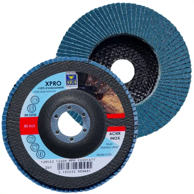 10 disques à lamelles Ø125mm bleu pour inox métal acier grain 80 plat Zirconium