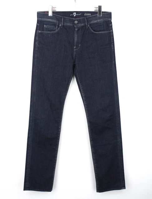 7 For All Mankind Slimmy Jeans Uomo W33 Sfumato Effetto Zip Fly Casual Blu Scuro