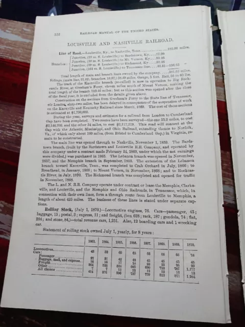 1871 train report LOUISVILLE & NASHVILLE RAILROAD  Richmond Bardstown Kentucky