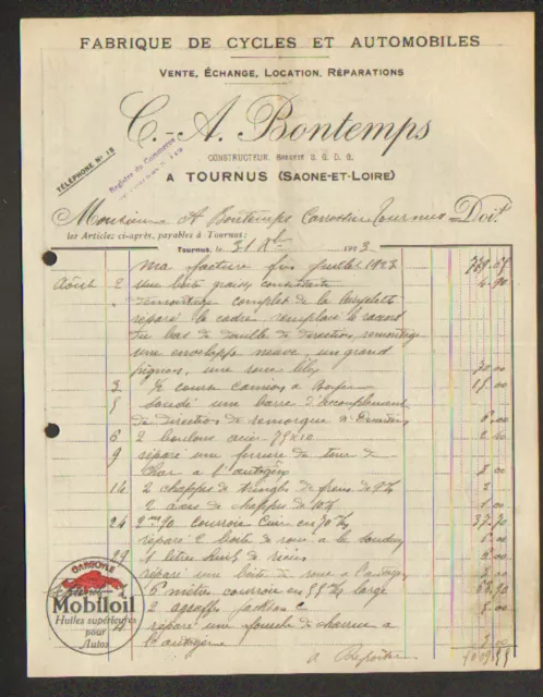 TOURNUS (71) Constructeur de CYCLES & AUTOMOBILES "C.-A. BONTEMPS" Pub MOBILOIL