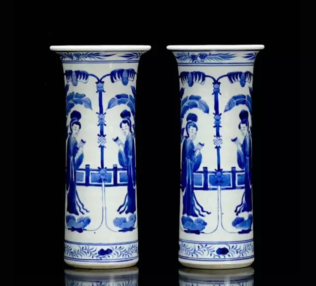 Pair Old Rare Chinese Blue & White Brush Pot And With Kangxi Marked (X63)