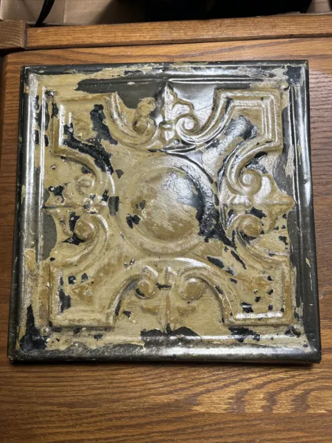 Antique 1800’s 11” Copper Tin Ceiling Tile Mounted On Wood Salvaged Art