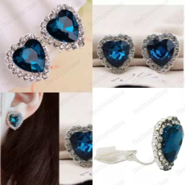 CLIP ON 15mm small BLUE HEART GLASS CRYSTAL EARRINGS silver tone NON-PIERCED