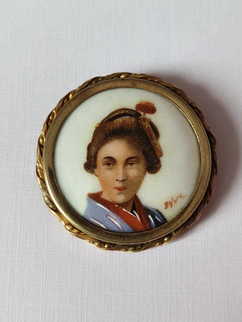 Broche Ancienne Porcelaine De Limoges - Laiton Doré, Scène Galante, Occasion