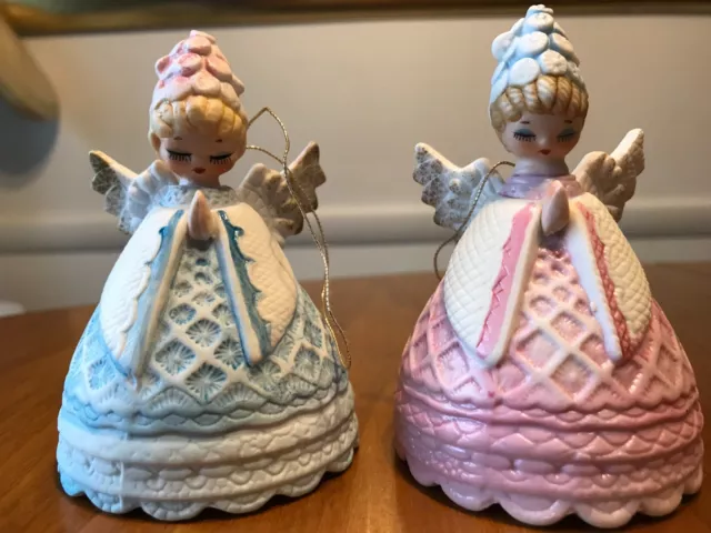 Set 2 VTG Lefton Blue Pink Angel Bell Ornament Porcelain Bisque Hand Painted