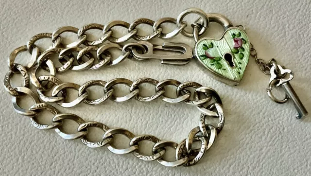 Vintage Sterling Silver Walter Lampl Enamel Heart Pad Lock Floral Charm Bracelet