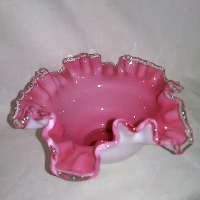 Vintage Fenton Glass Pink and White Ruffled Silver Crest Edge Bowl